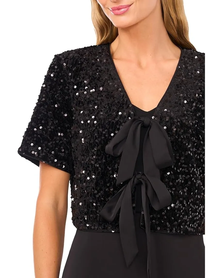 CeCe Velvet Sequin Short Sleeve Bow Front Top Rich Black Clearance