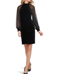 Calvin Klein Velvet Sheath Dress with Reglan Sheer Sleeves with Cuffs Black Discount