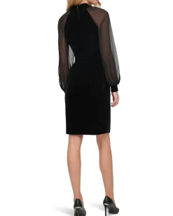 Calvin Klein Velvet Sheath Dress with Reglan Sheer Sleeves with Cuffs Black Discount