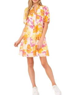 CeCe V-Neck Babydoll Tiered Dress Radiant Yellow Hot