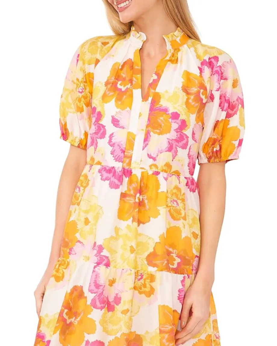 CeCe V-Neck Babydoll Tiered Dress Radiant Yellow Hot