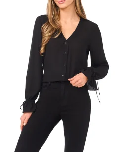 Women CeCe V-Neck Button Front Long Sleeve Top