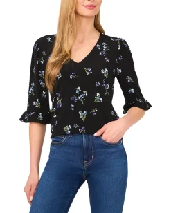 Women CeCe V-Neck Elbow Ruffled Sleeve Knit Top