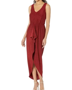 Calvin Klein V-Neck Glitter Knit Gown with Ruched Front Red/Red Outlet