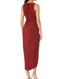 Calvin Klein V-Neck Glitter Knit Gown with Ruched Front Red/Red Outlet