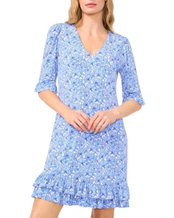 Women CeCe V-Neck Knit Dress With Ruffle Hem