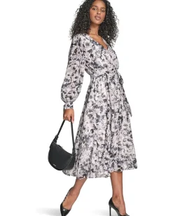 Women Calvin Klein V-Neck Long Sleeve Chiffon Midi