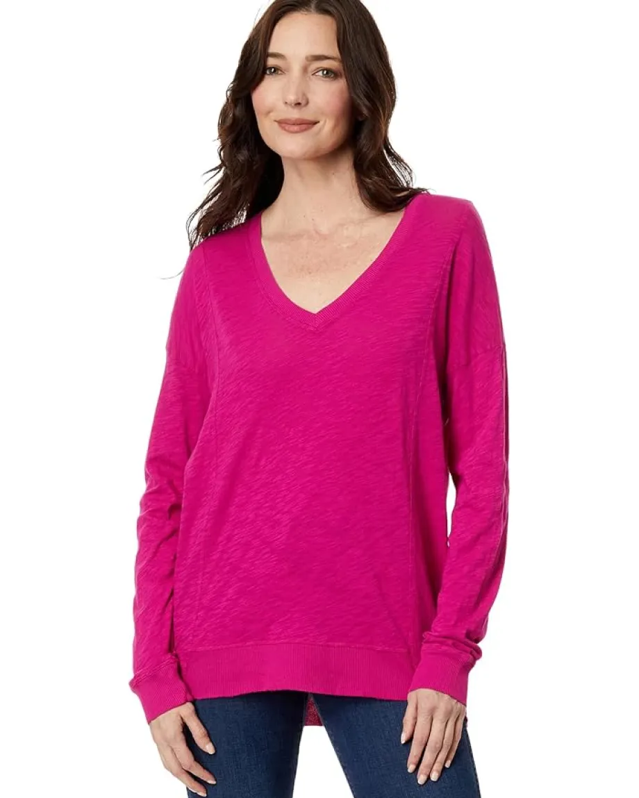 bobi Los Angeles V-Neck Long Sleeve Princess Seam Rib Mix Tee Dragonfruit Discount