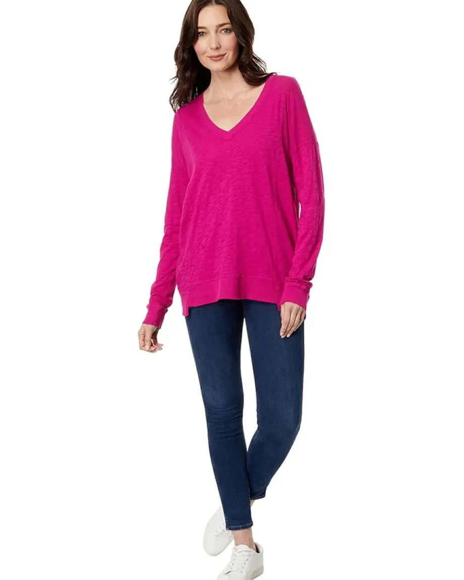 bobi Los Angeles V-Neck Long Sleeve Princess Seam Rib Mix Tee Dragonfruit Discount