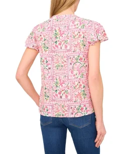 Women CeCe V-Neck Shirred Flutter Sleeve Blouse