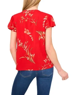 Women CeCe V-neck Shirred Neck Flutter Sleeve Blouse