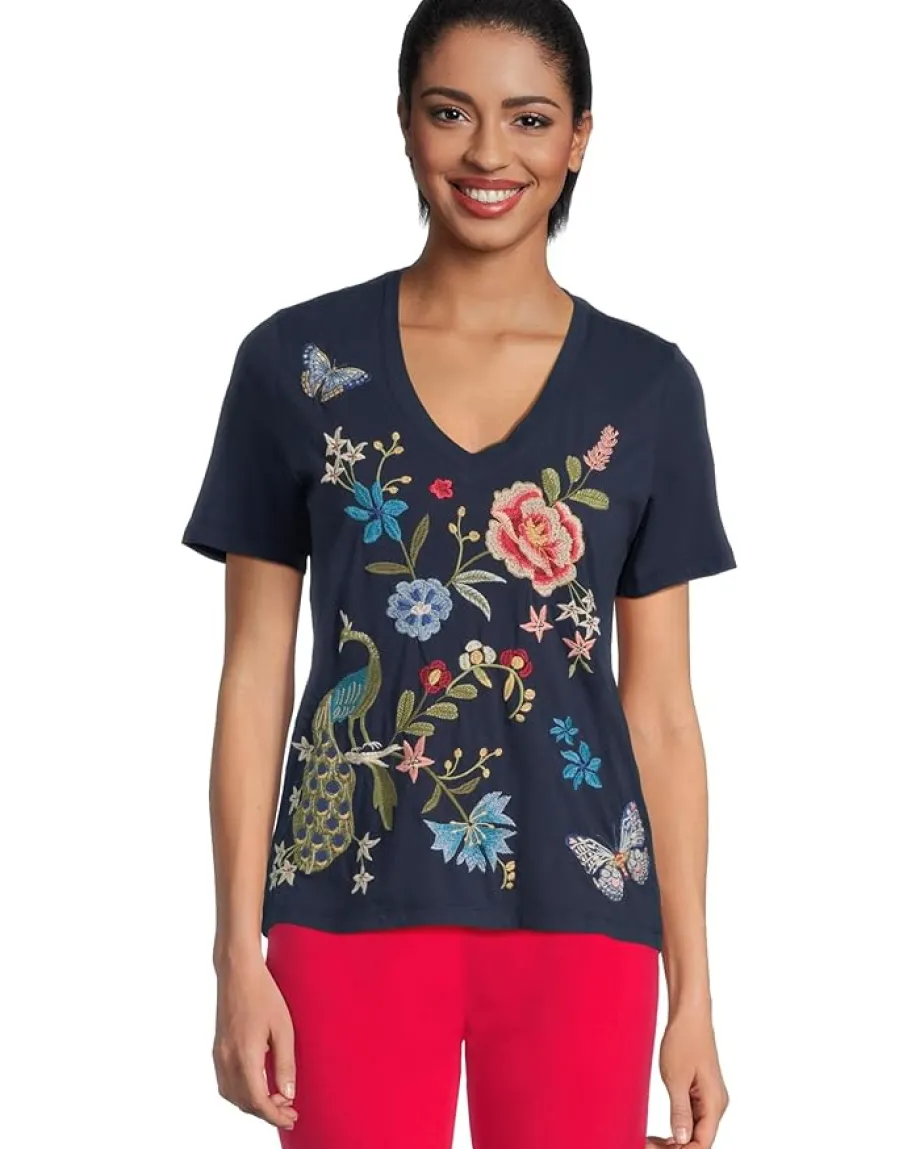 Johnny Was V-neck Short Sleeve Tee - Nicolette Blue Night Clearance