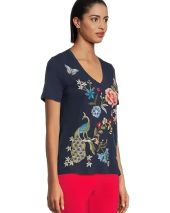 Johnny Was V-neck Short Sleeve Tee - Nicolette Blue Night Clearance