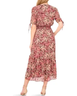 Women CeCe V-neck Tie Sleeve Smocked Waist Midi Dress