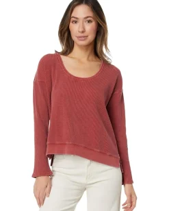 Mod-o-doc Washed Waffle Long Sleeve Open Neck Top Rustic Red Discount