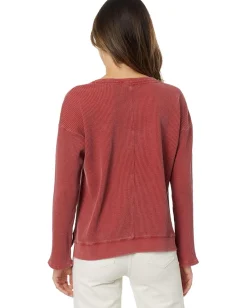 Mod-o-doc Washed Waffle Long Sleeve Open Neck Top Rustic Red Discount
