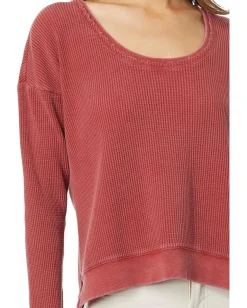 Mod-o-doc Washed Waffle Long Sleeve Open Neck Top Rustic Red Discount