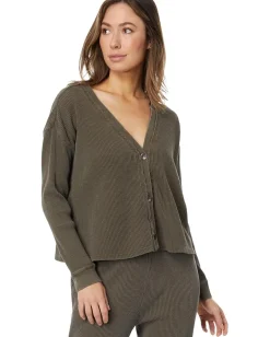 Women Mod-o-doc Washed Waffle Long Sleeve Button Front Cardi