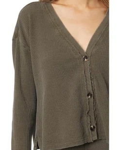 Women Mod-o-doc Washed Waffle Long Sleeve Button Front Cardi