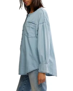 Free People We The Free Denim Dreaming Pullover So Soft Light Wash Clearance
