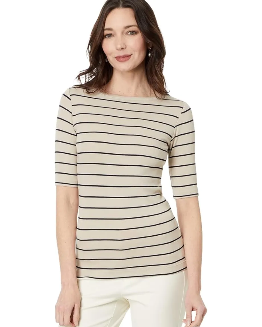 NIC+ZOE Wide Stripe Rib Knit Boatneck Tee Neutral Multi New