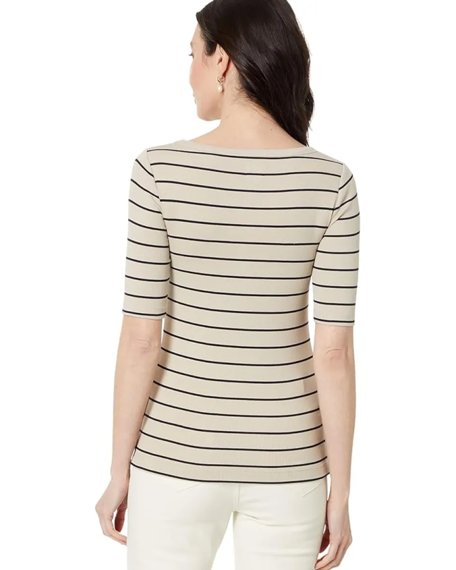 NIC+ZOE Wide Stripe Rib Knit Boatneck Tee Neutral Multi New