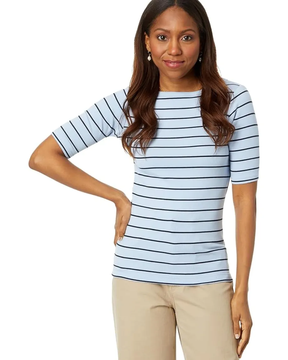 NIC+ZOE Wide Stripe Rib Knit Boatneck Tee Blue Multi New