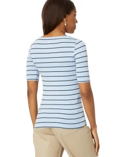 NIC+ZOE Wide Stripe Rib Knit Boatneck Tee Blue Multi New