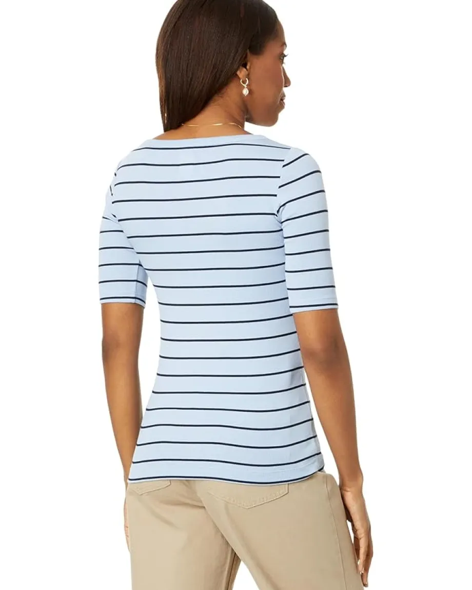 NIC+ZOE Wide Stripe Rib Knit Boatneck Tee Blue Multi New