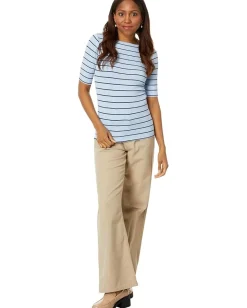 NIC+ZOE Wide Stripe Rib Knit Boatneck Tee Blue Multi New