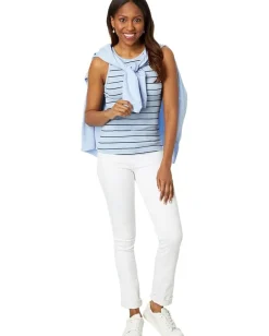 NIC+ZOE Wide Stripe Rib Knit High Neck Tank Blue Multi New