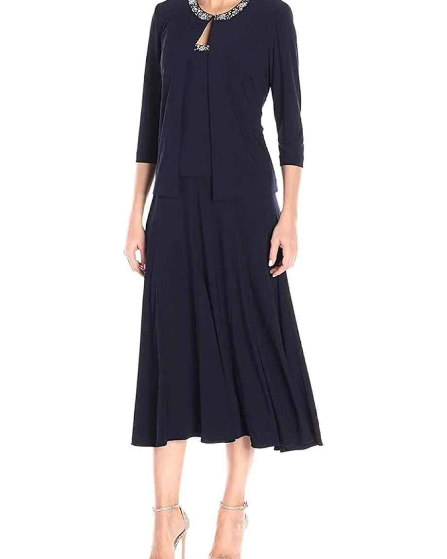 Alex Evenings Women's 2 Piece Tea Length Jacket Dress with Sequin Beaded Trim Navy Hot