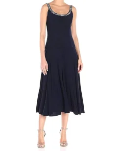 Alex Evenings Women's 2 Piece Tea Length Jacket Dress with Sequin Beaded Trim Navy Hot