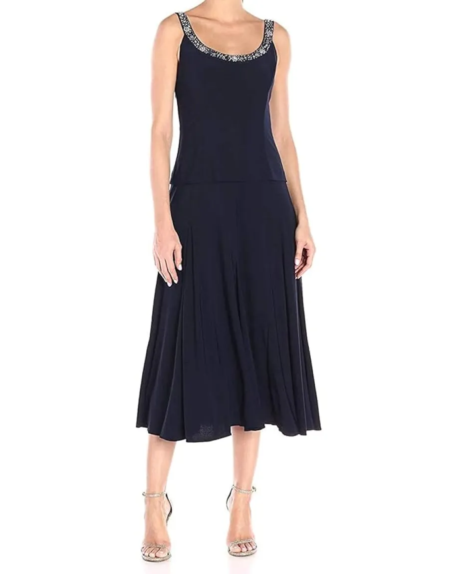 Alex Evenings Women's 2 Piece Tea Length Jacket Dress with Sequin Beaded Trim Navy Hot