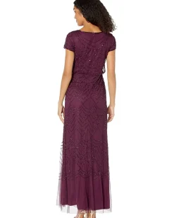 Women Adrianna Papell Women's Short Sleeve Blouson Beaded Gown