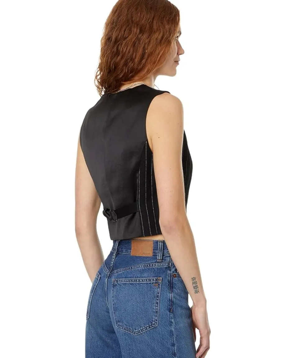 Madewell Wool Button-Front Vest in Pinstripe Almost Black Outlet