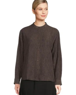 Eileen Fisher Woven Plisse Mandarin Collar Shirt Rye Clearance