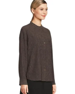 Eileen Fisher Woven Plisse Mandarin Collar Shirt Rye Clearance