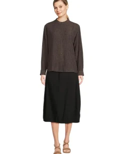 Eileen Fisher Woven Plisse Mandarin Collar Shirt Rye Clearance
