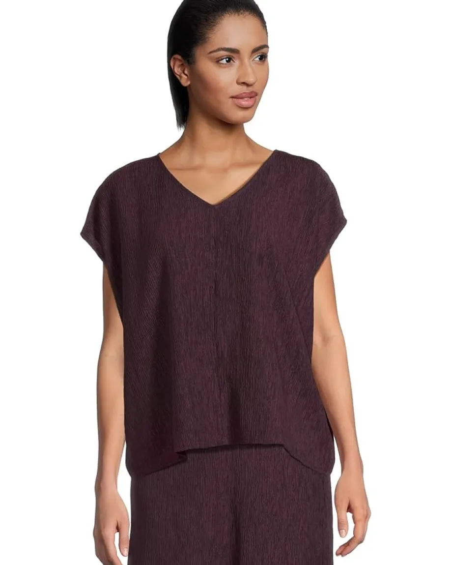 Eileen Fisher Woven Plisse V-Neck Square Top Blackberry