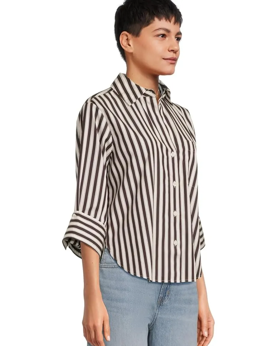 Madewell Y Neck Shirt With Adjustable Sleeve Purple Black And White Stripe Outlet