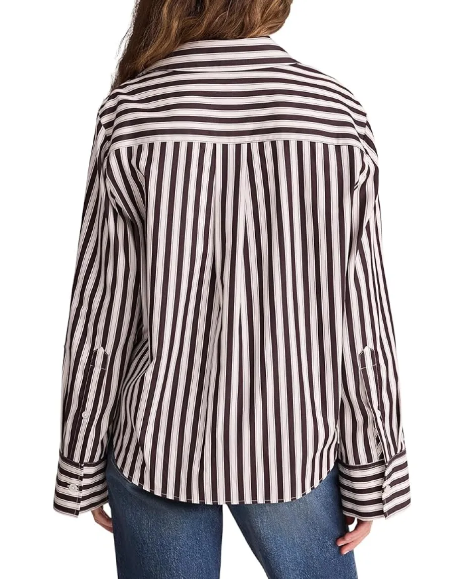 Madewell Y Neck Shirt With Adjustable Sleeve Purple Black And White Stripe Outlet