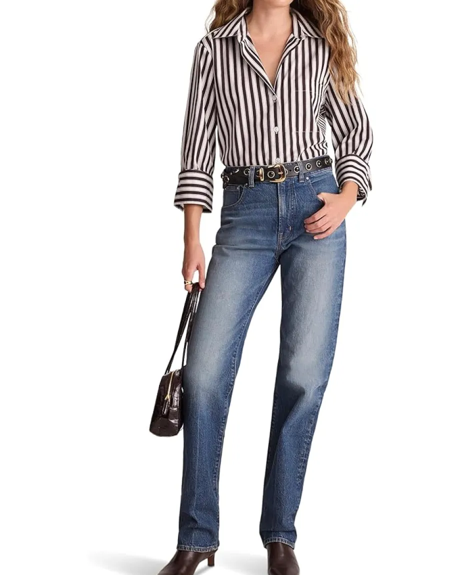 Madewell Y Neck Shirt With Adjustable Sleeve Purple Black And White Stripe Outlet