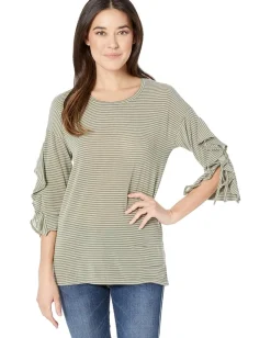 Tribal Yarn-Dyed Stripe Knit 3/4 Sleeve Top w/ Ruffle Sage Outlet