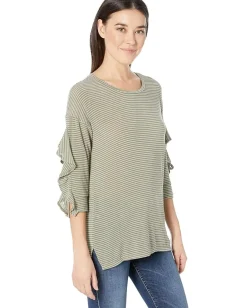 Tribal Yarn-Dyed Stripe Knit 3/4 Sleeve Top w/ Ruffle Sage Outlet